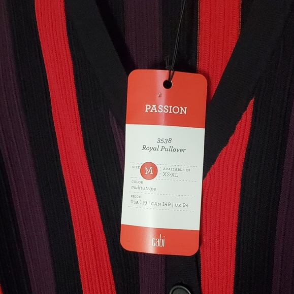CABI Red Purple Stripe ROYAL PULLOVER CARDIGAN 3538 Sweater Long Sleeve MEDIUM - Picture 4 of 9